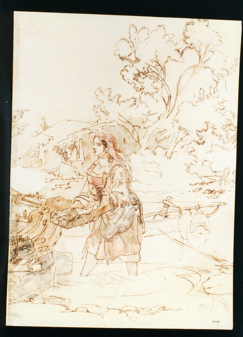 figura femminile in costume popolare con cesta di pesce e barche (disegno) di Serritelli Giovanni (sec. XIX)