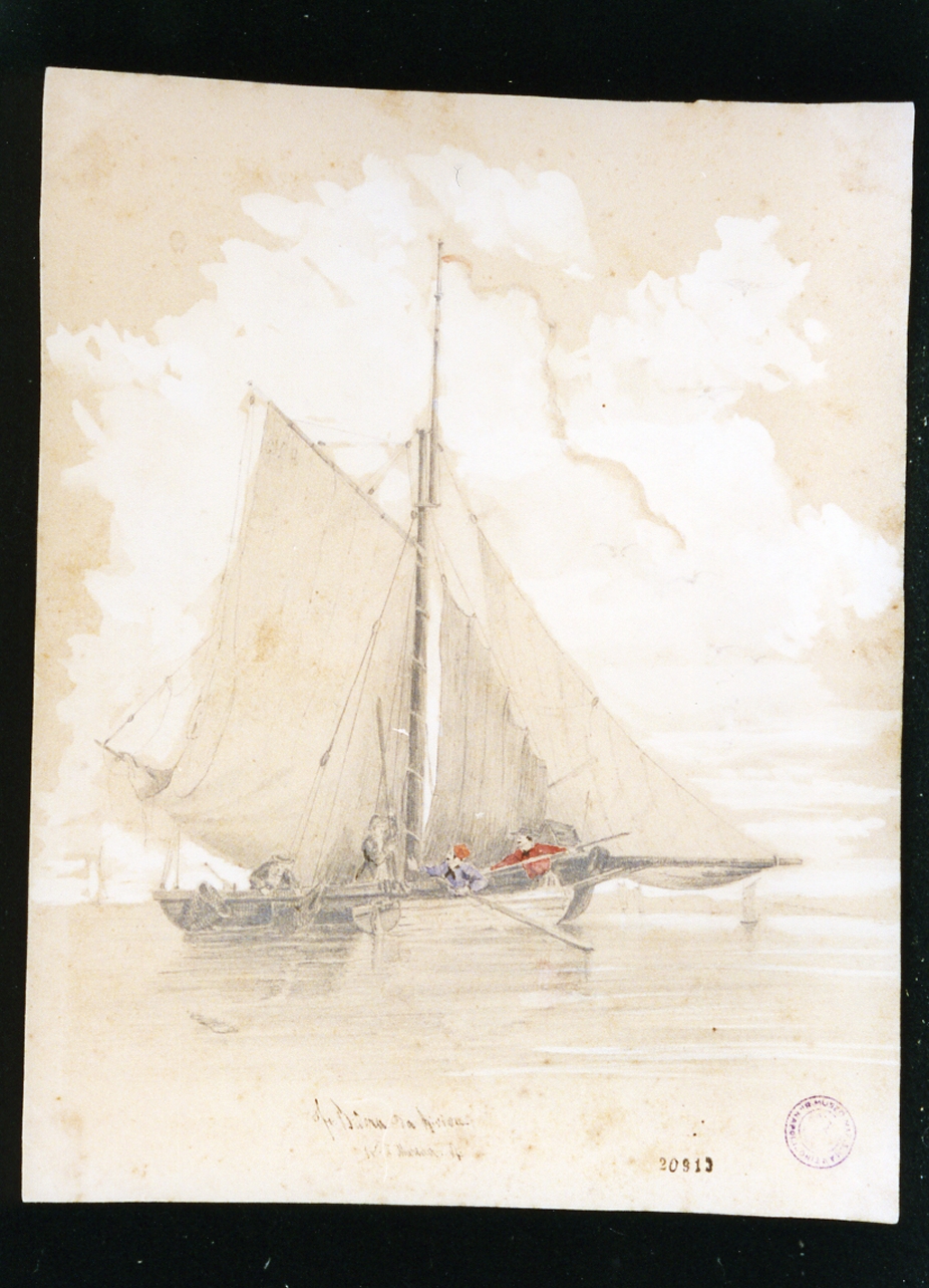 marina con pescatore e barca (disegno) di Bidera Francesco (secondo quarto sec. XIX)