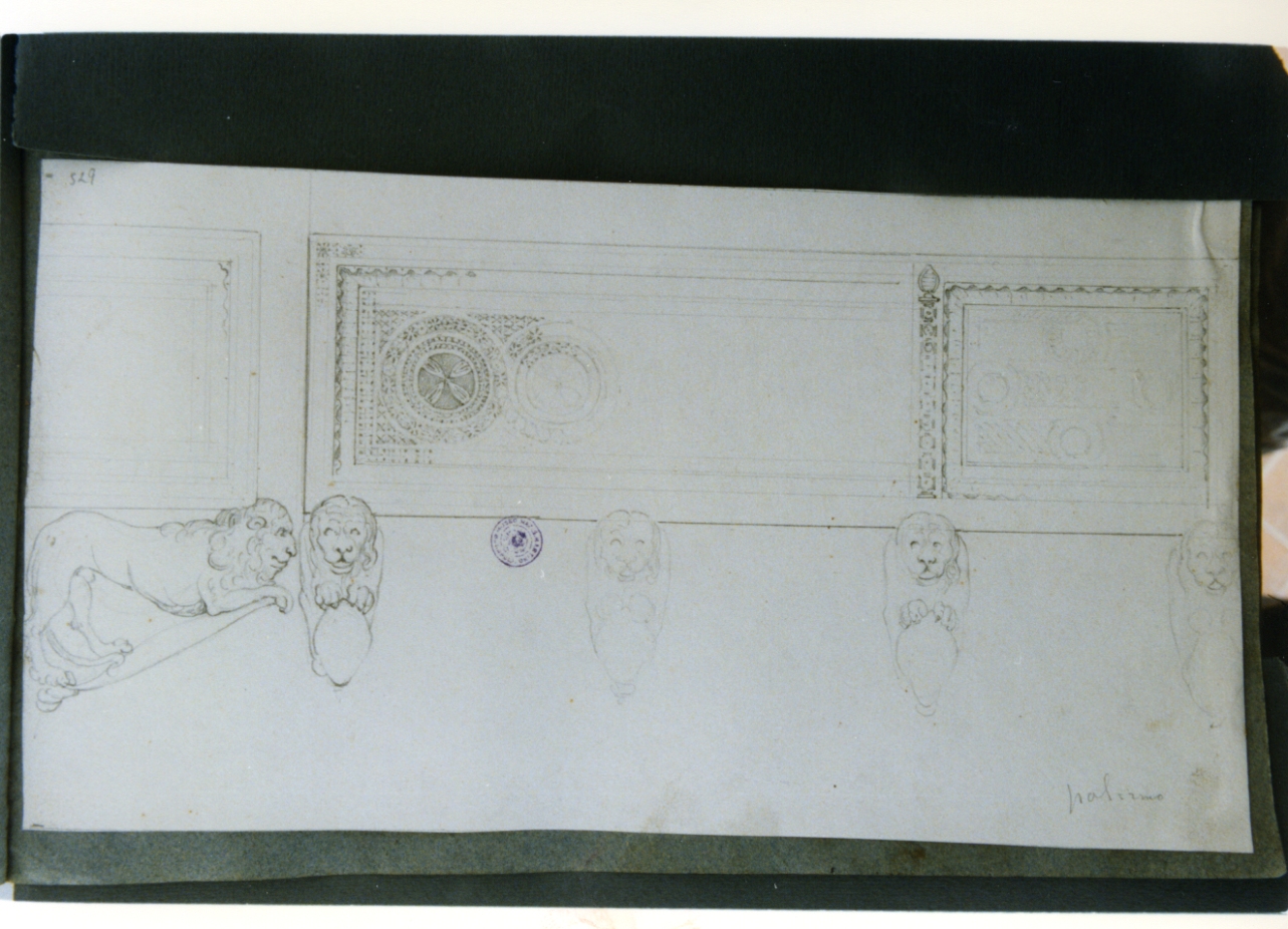 studio di decorazione e leoni reggisarcofago (disegno) di Vervloet Frans (secondo quarto sec. XIX)