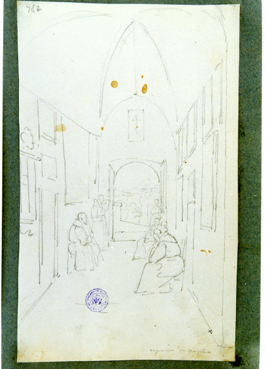 interno con monaci cappuccini (disegno) di Vervloet Frans (sec. XIX)