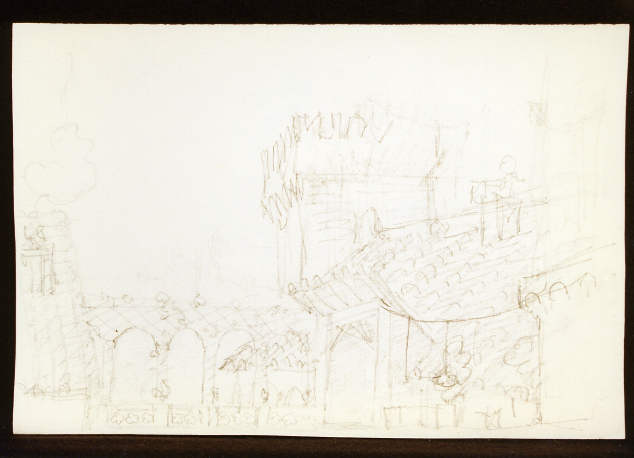 schizzo per scenografia con torri e archi (disegno) di Niccolini Antonio (scuola) (sec. XIX)