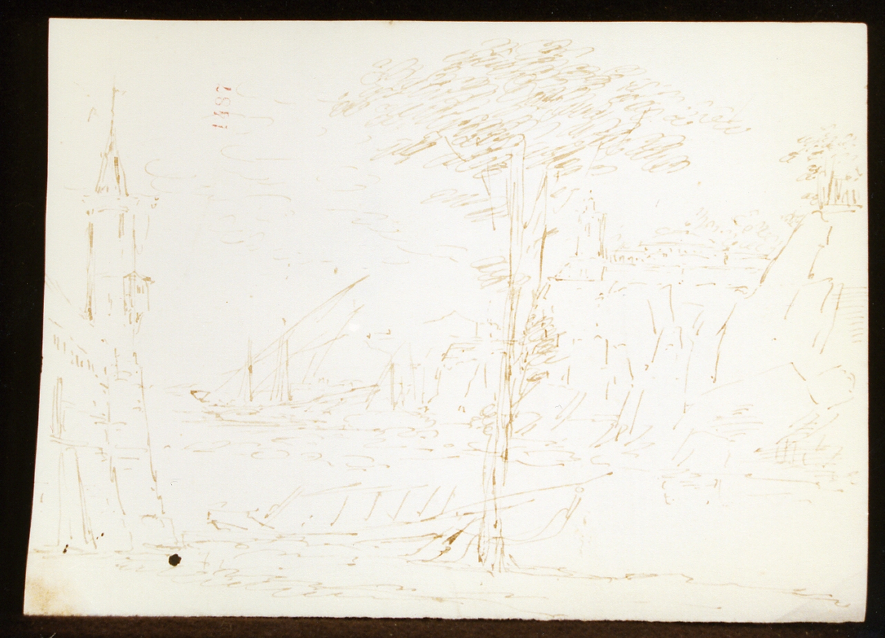 schizzo per scenografia con albero in primo piano (disegno) di Niccolini Antonio (scuola) (sec. XIX)