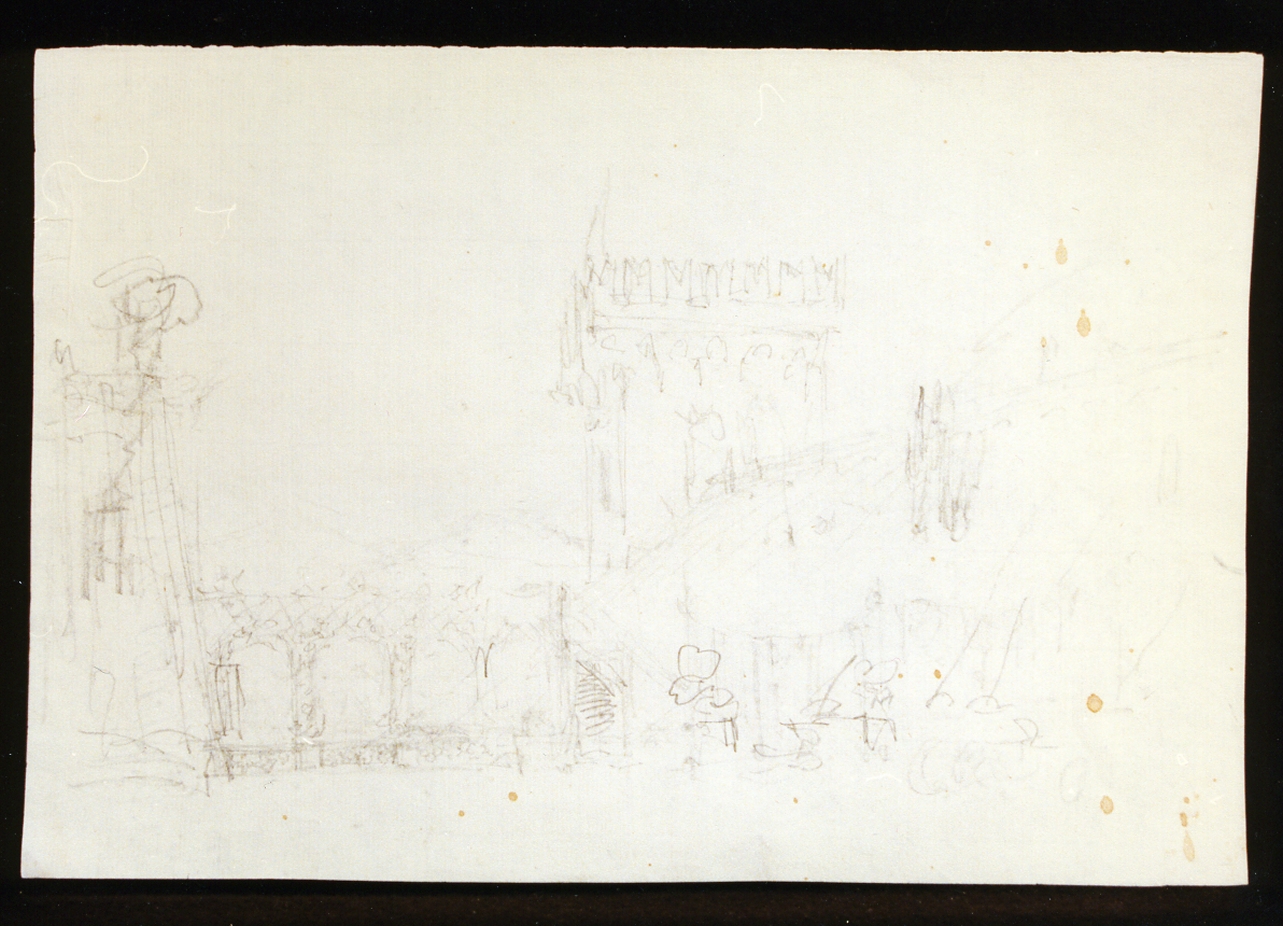 schizzo per scenografia con elemento in primo piano (disegno) di Niccolini Antonio (scuola) (sec. XIX)