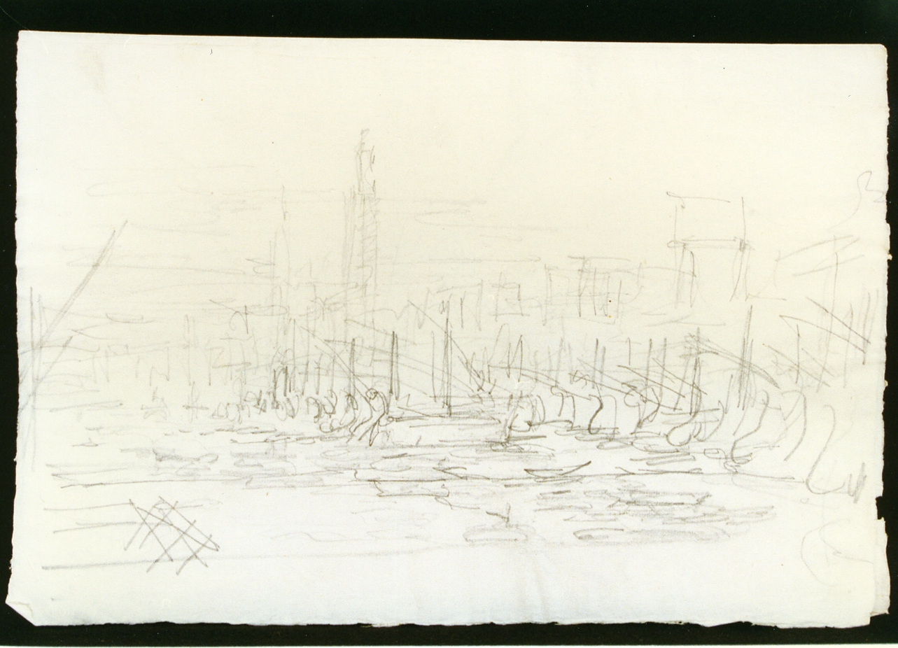 barche e figure con elementi architettonici (disegno) di Niccolini Antonio (scuola) (sec. XIX)