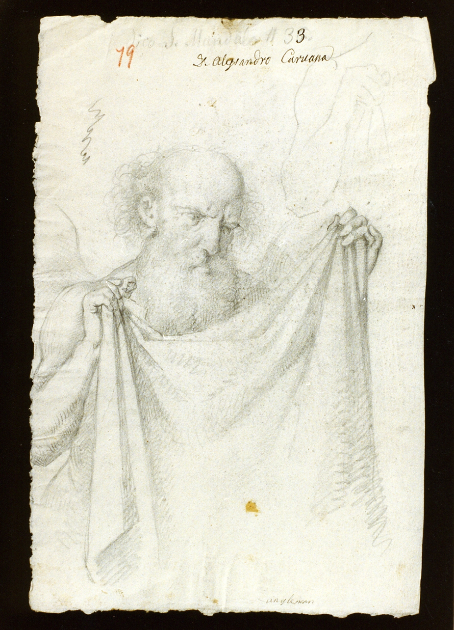 studio di vecchio che sorregge un drappo (disegno) di De Vivo Tommaso (sec. XIX)