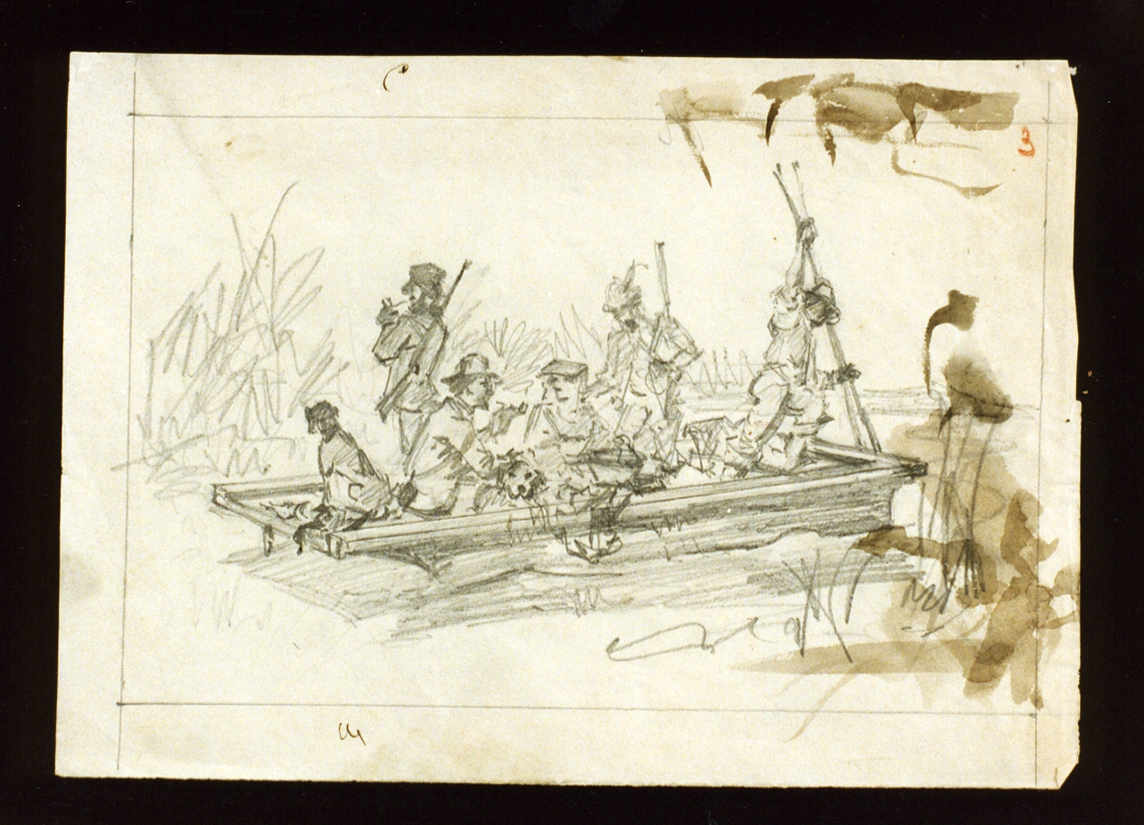 studio di zattera con cacciatori e contadina (disegno) di De Vivo Tommaso (sec. XIX)
