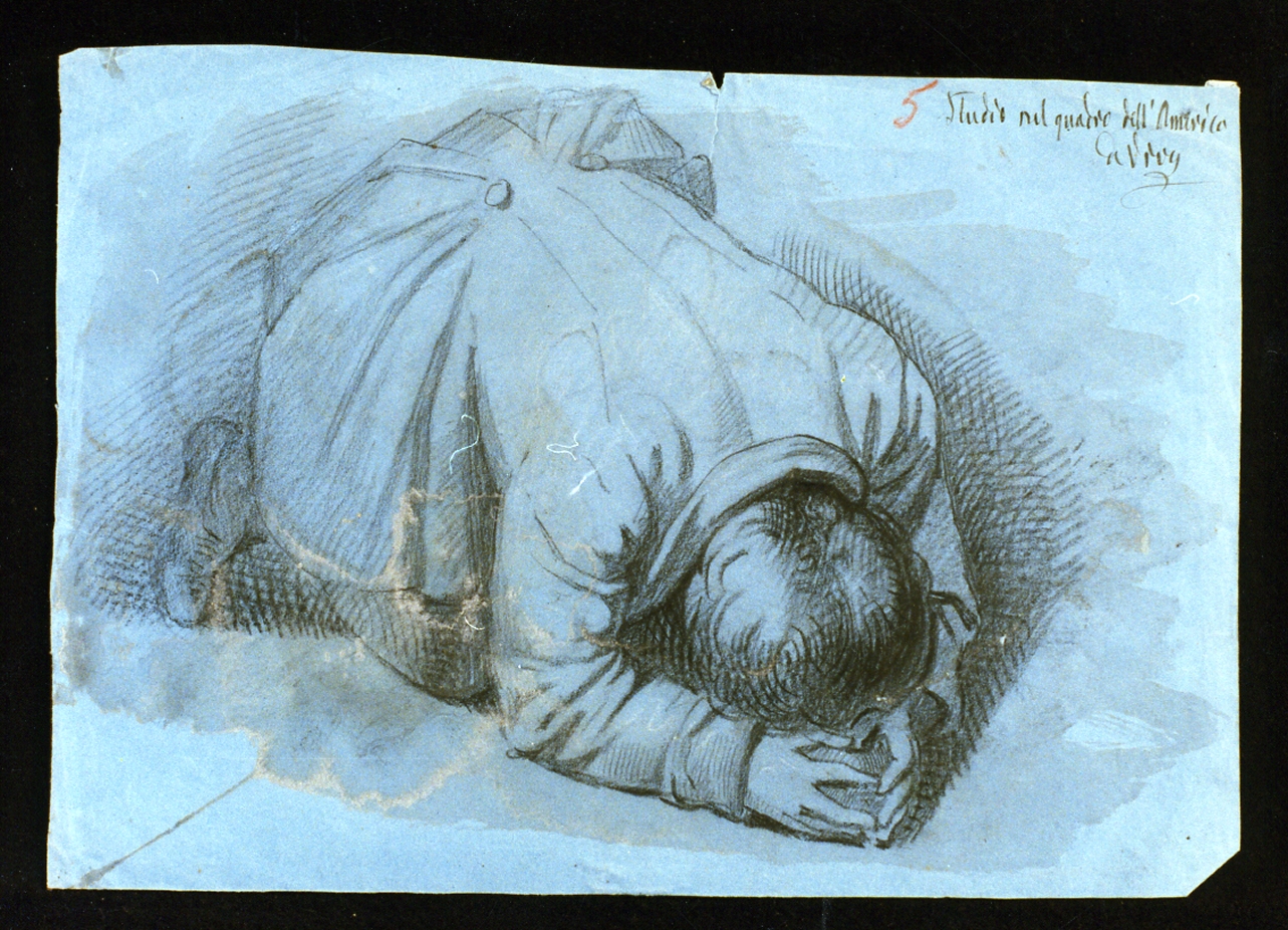 studio di figura maschile inginocchiata (disegno) di De Vivo Tommaso (sec. XIX)