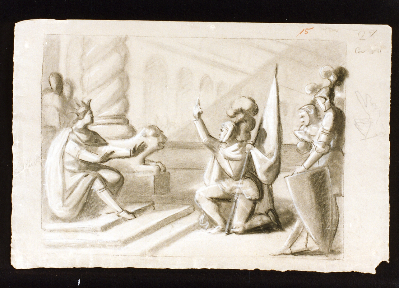 cavaliere inginocchiato davanti ad un re (disegno) di De Vivo Tommaso (sec. XIX)