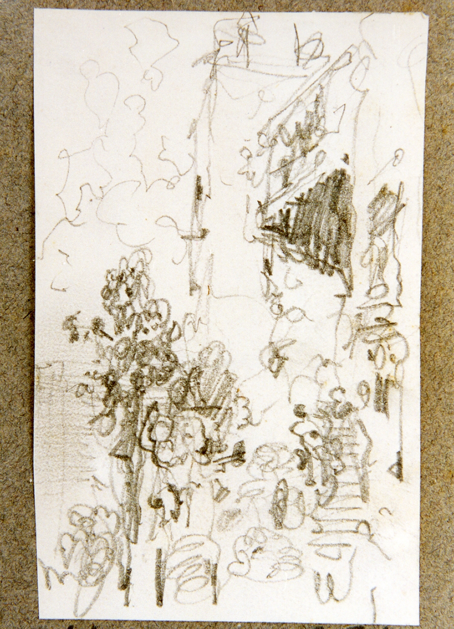 schizzo di veduta con scalinata e balcone (disegno) di Dalbono Eduardo (fine/inizio secc. XIX/ XX)