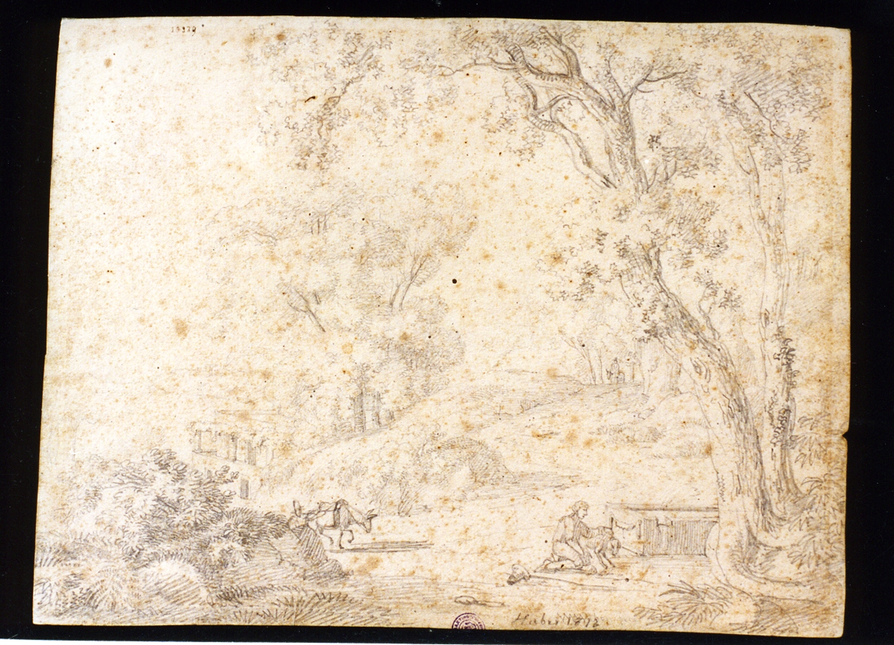 studio di paesaggio con pastorello e animali (disegno) di Huber Wilhelm (sec. XIX)