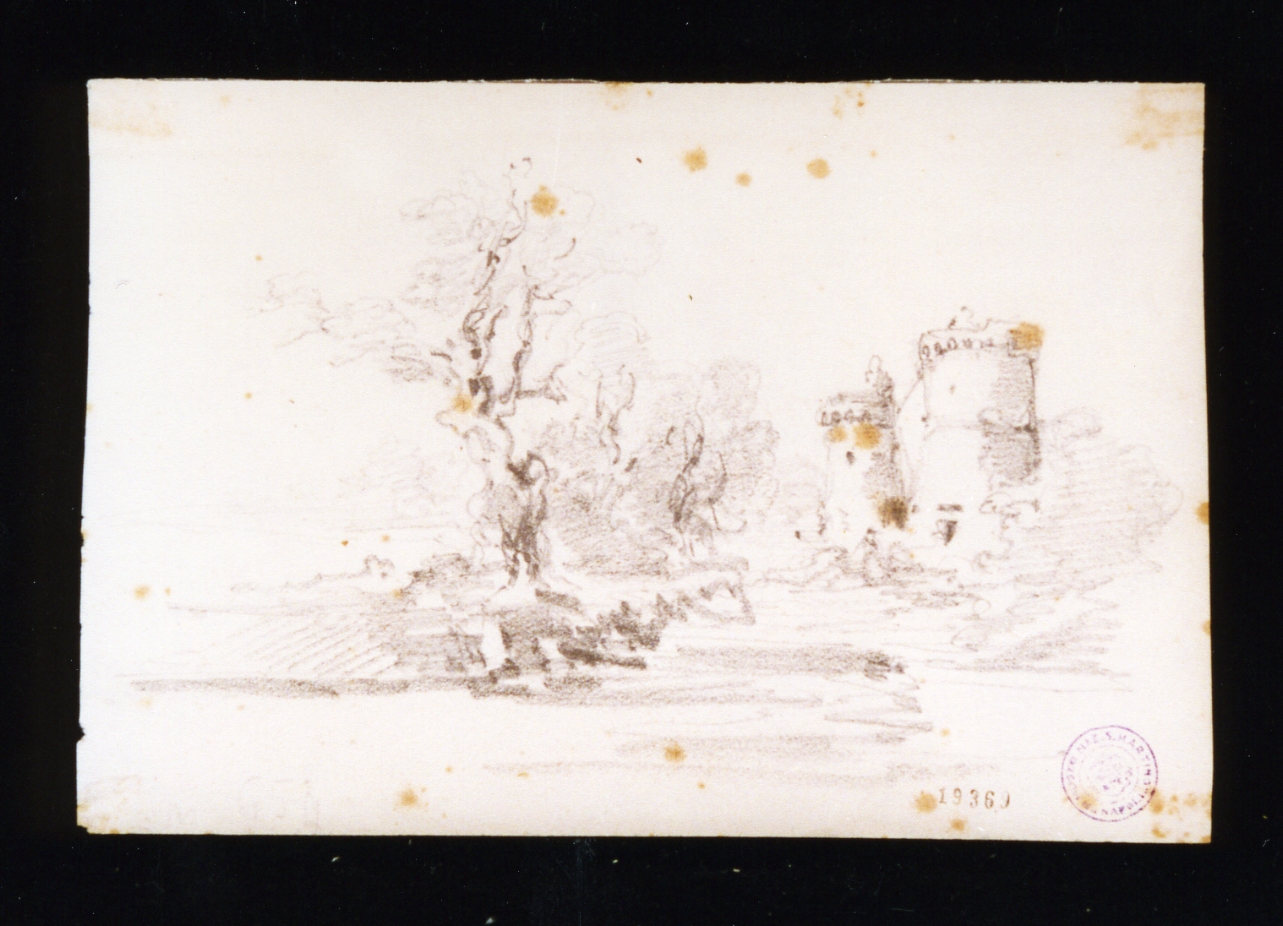 studio di paesaggio con due torri (disegno) di Lanza Giovanni Giordano (sec. XIX)