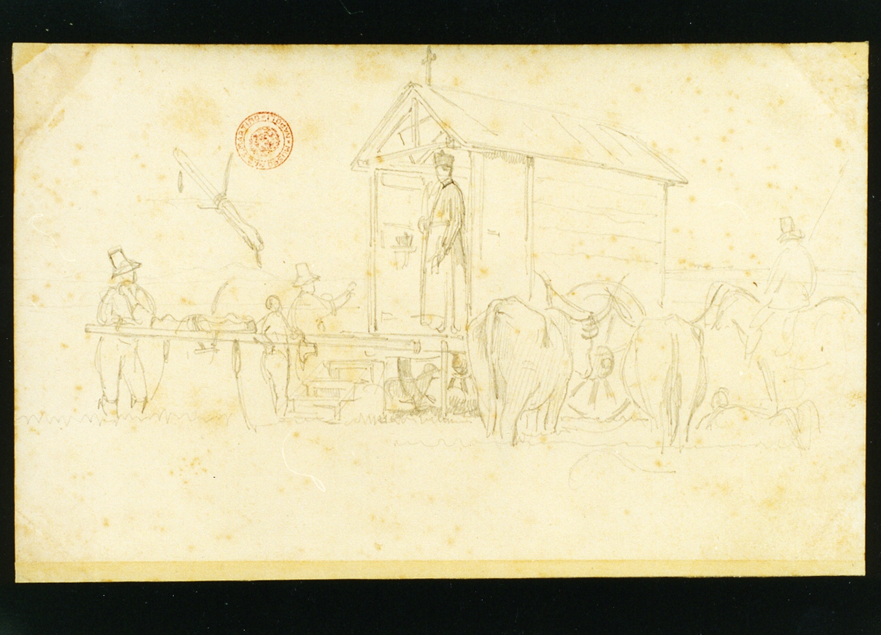 studio di contadini e buoi davanti ad una chiesa (disegno) di Vianelli Achille (sec. XIX)