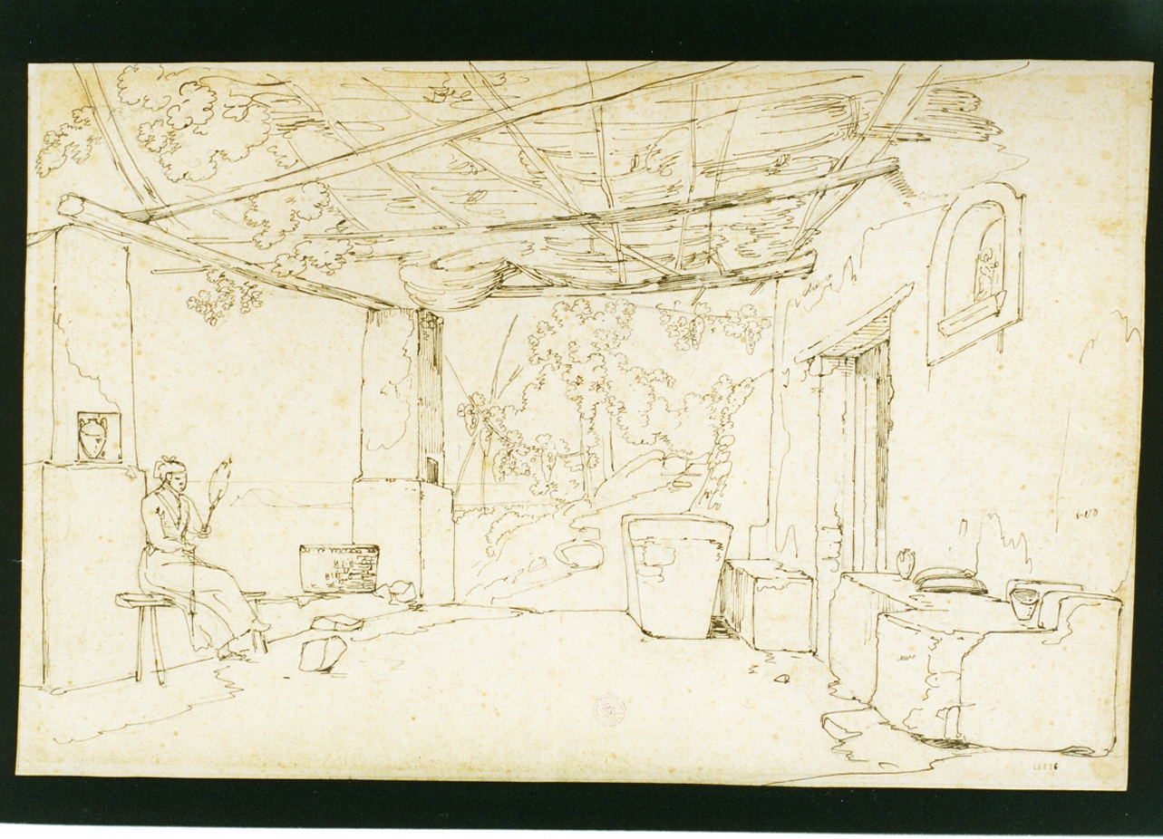 studio di pergolato con donna che fila (disegno) di Vianelli Achille (sec. XIX)