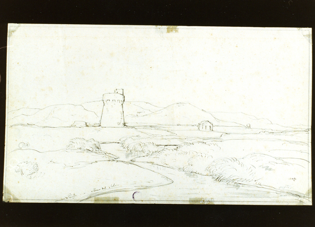 studio della veduta di Paestum (disegno) di Gigante Giacinto (sec. XIX)