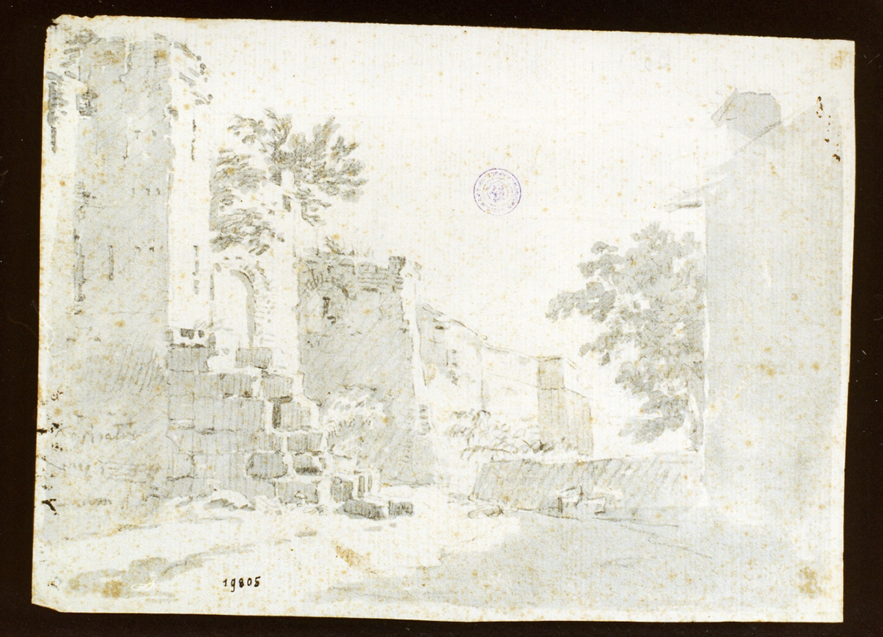 veduta con ruderi (disegno) - ambito napoletano (sec. XIX)