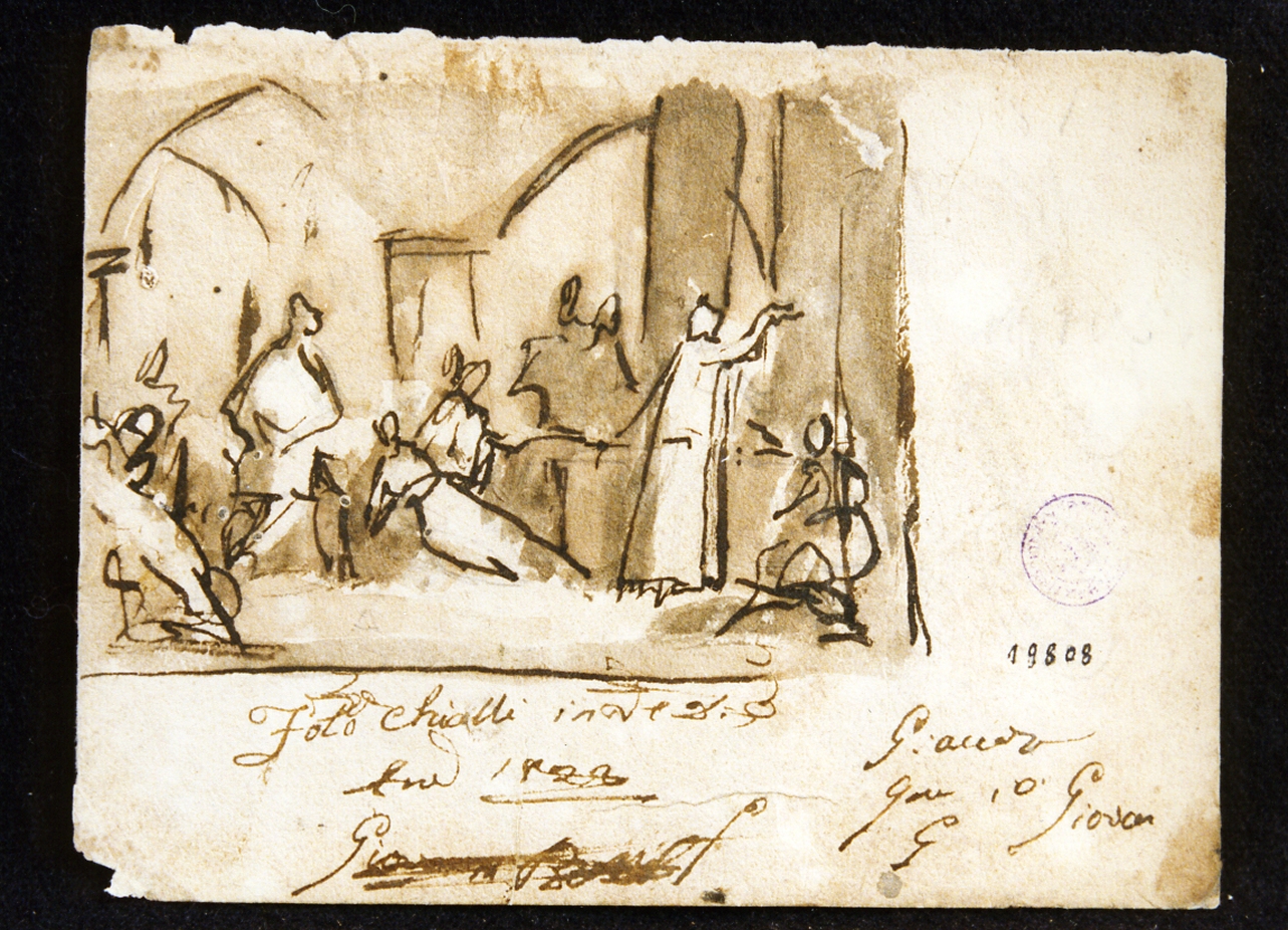 studio di scena con tribunale dell'Inquisizione (disegno) di Camuccini Vincenzo (sec. XIX)
