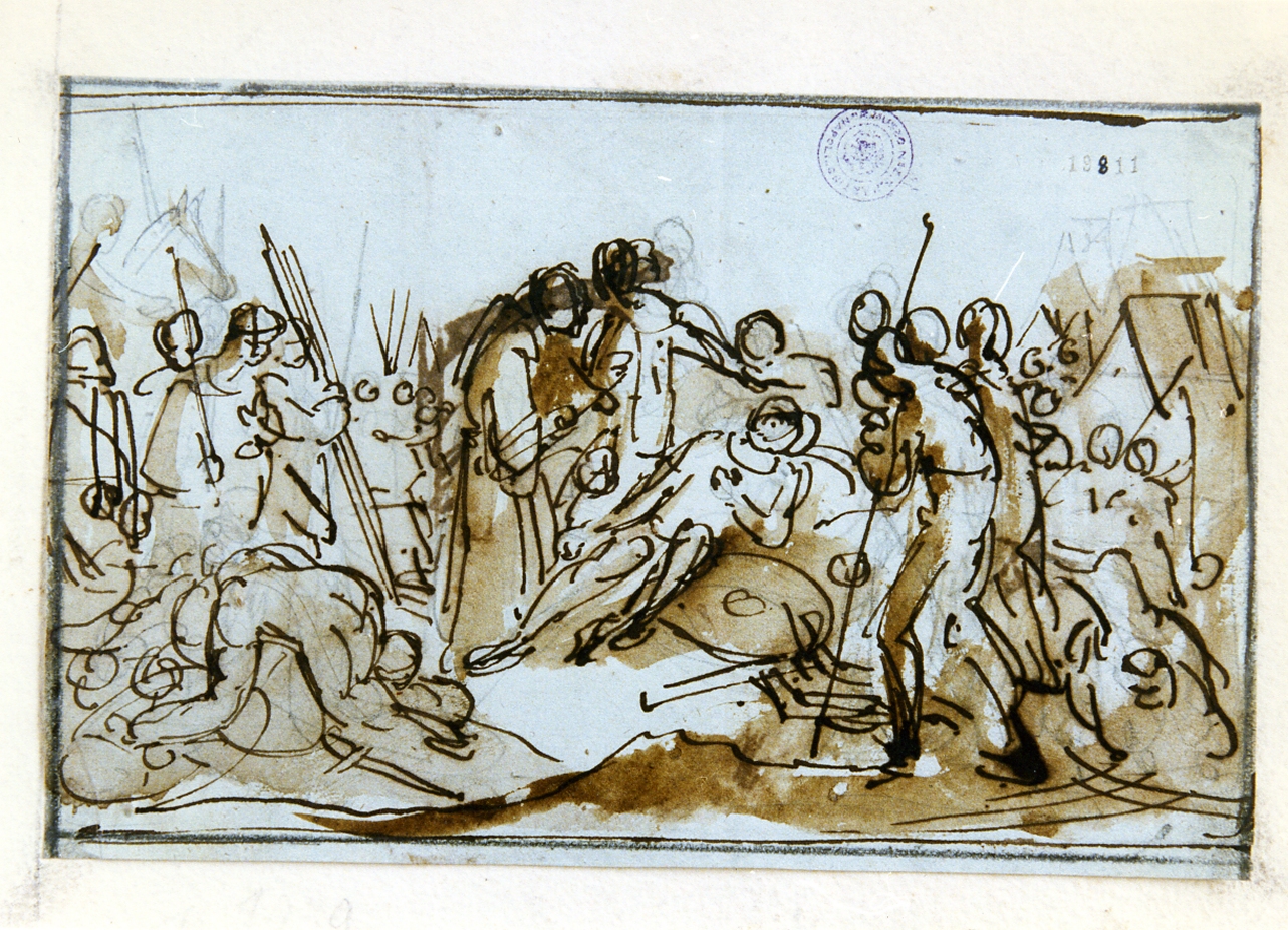 scena di battaglia con guerriero morente (disegno) - ambito napoletano (sec. XIX)