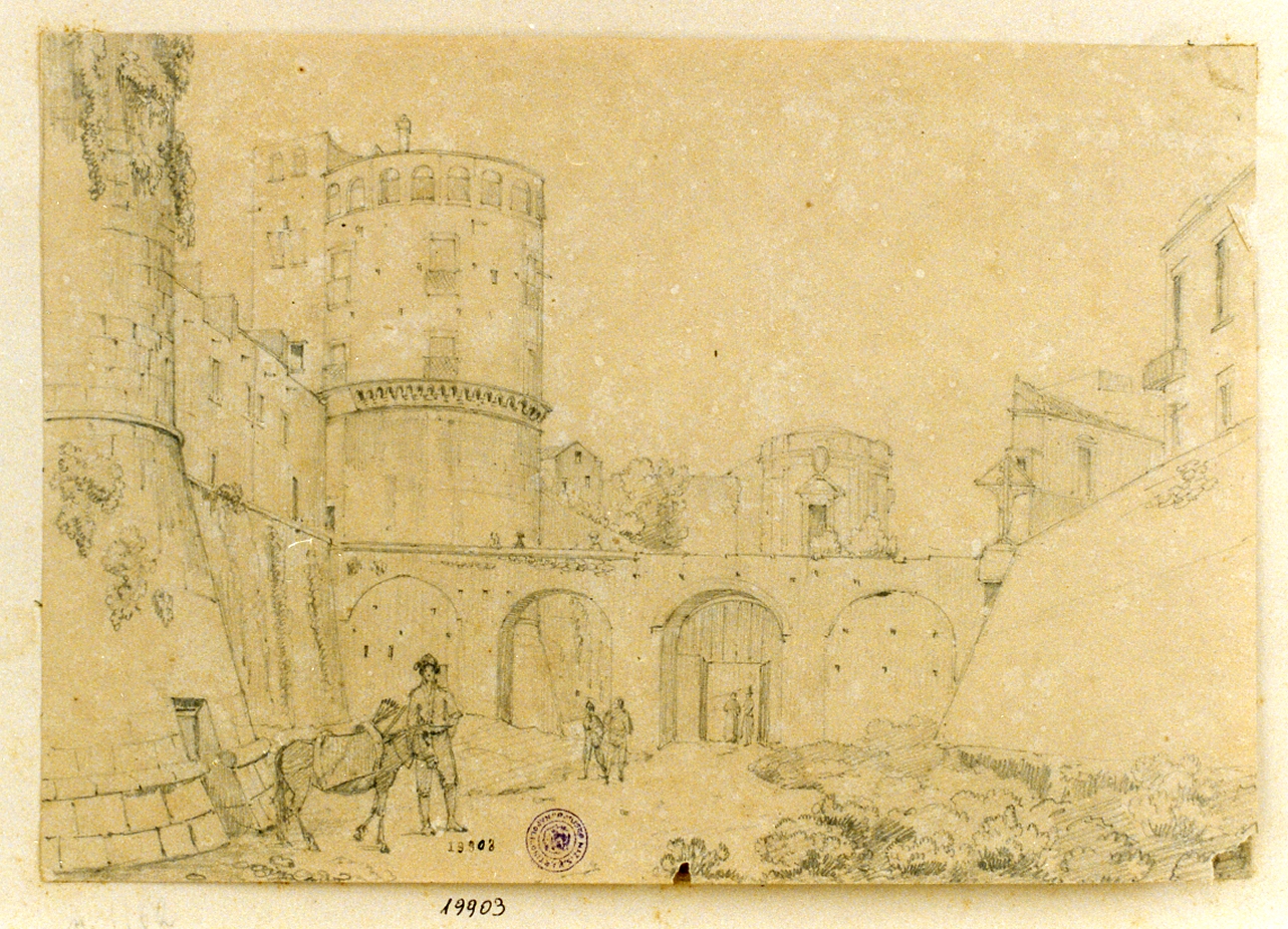 studio di veduta con castello aragonese (disegno) - ambito napoletano (sec. XIX)