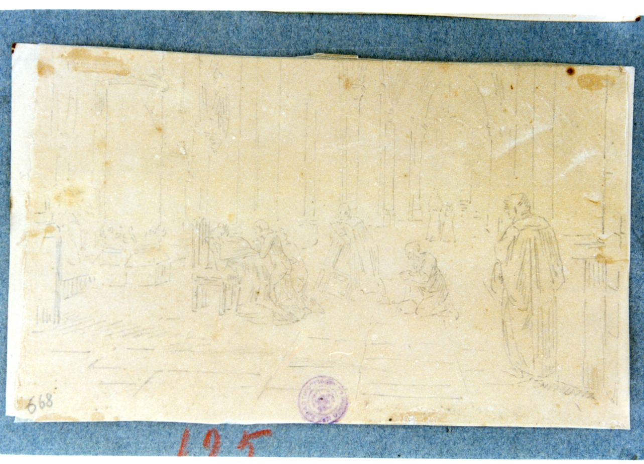 studio di interno di chiesa con figure (disegno) di Vervloet Frans (secondo quarto sec. XIX)