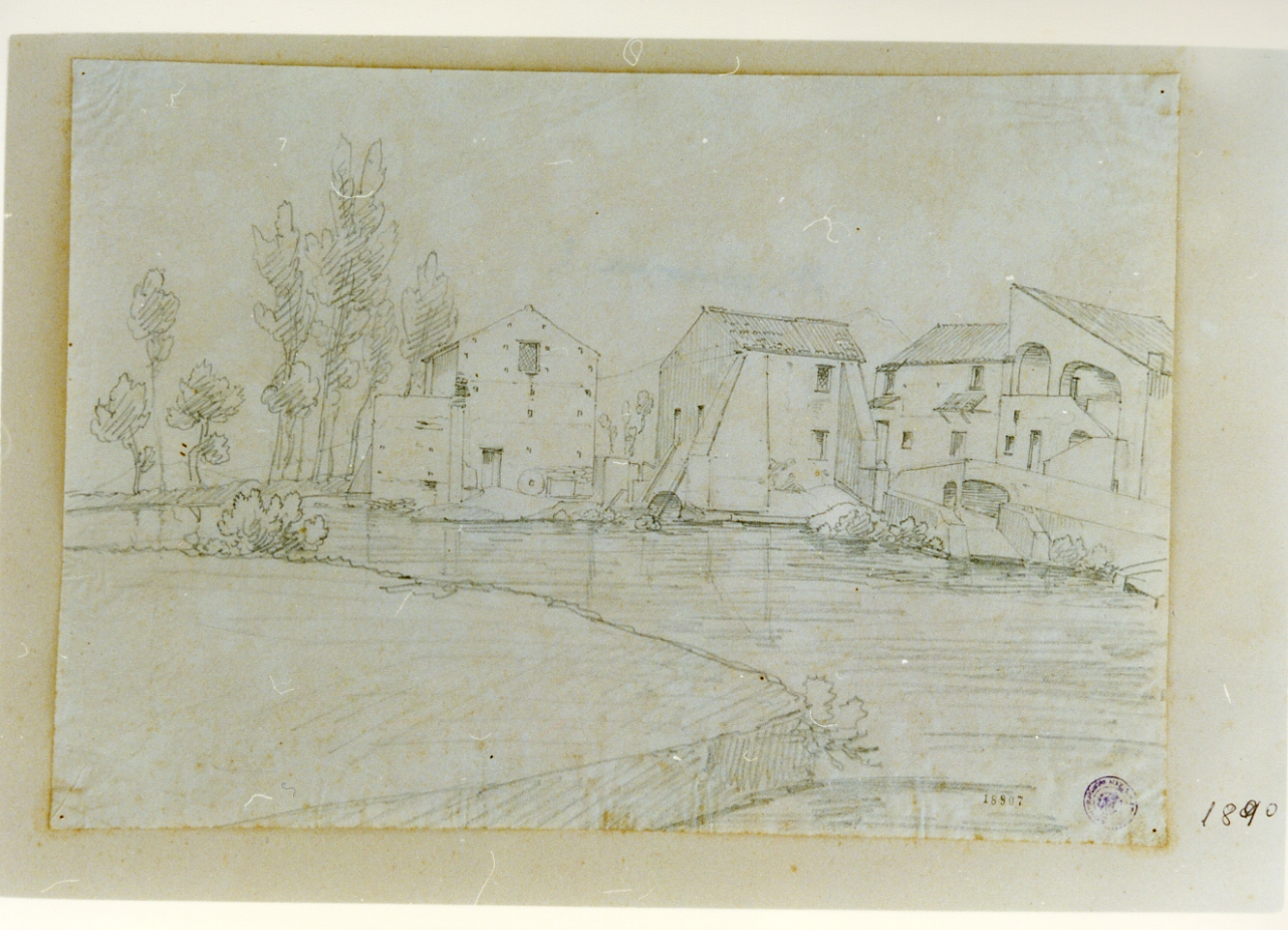 studio di case su un fiume (disegno) di Gigante Ercole Leone (sec. XIX)