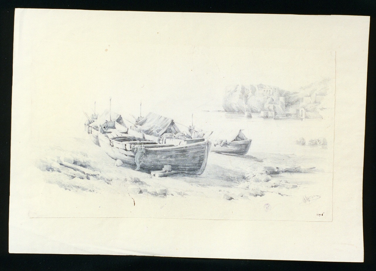 marina con barche a secco (disegno) di Lanza Giovanni Giordano (seconda metà sec. XIX)