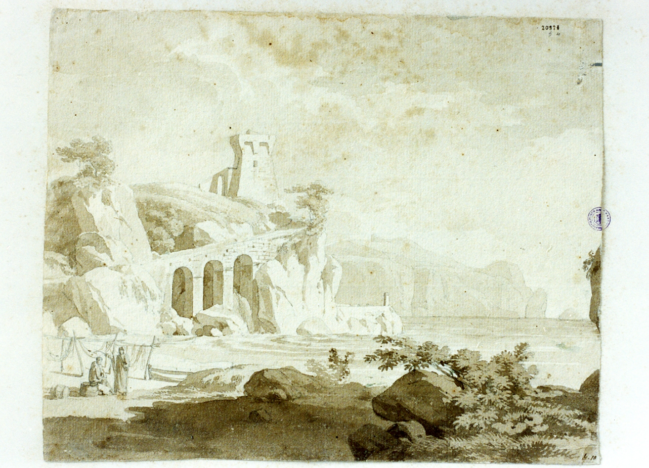 paesaggio della costiera sorrentina con la Torre di Guardia (disegno) di Huber Wilhelm (sec. XIX)