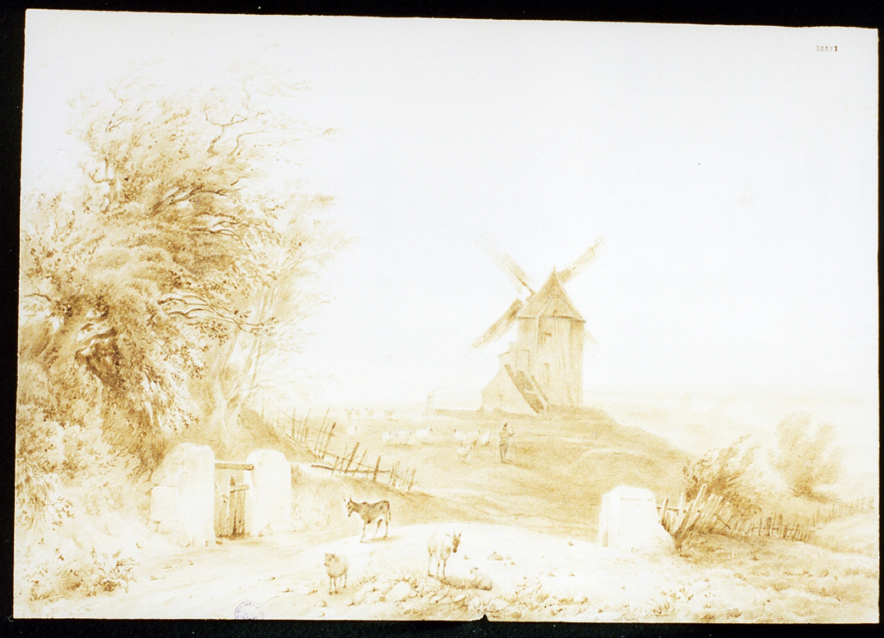 paesaggio con mulino a vento (disegno) di Huber Wilhelm (sec. XIX)