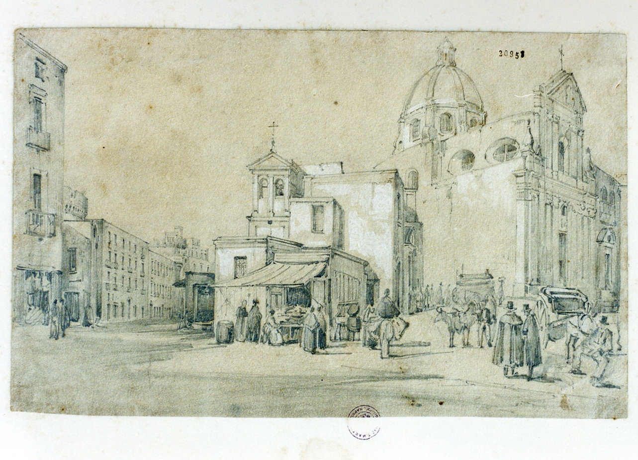 veduta con la Chiesa di Santa Caterina a Formiello (disegno) di Duclère Teodoro (sec. XIX)
