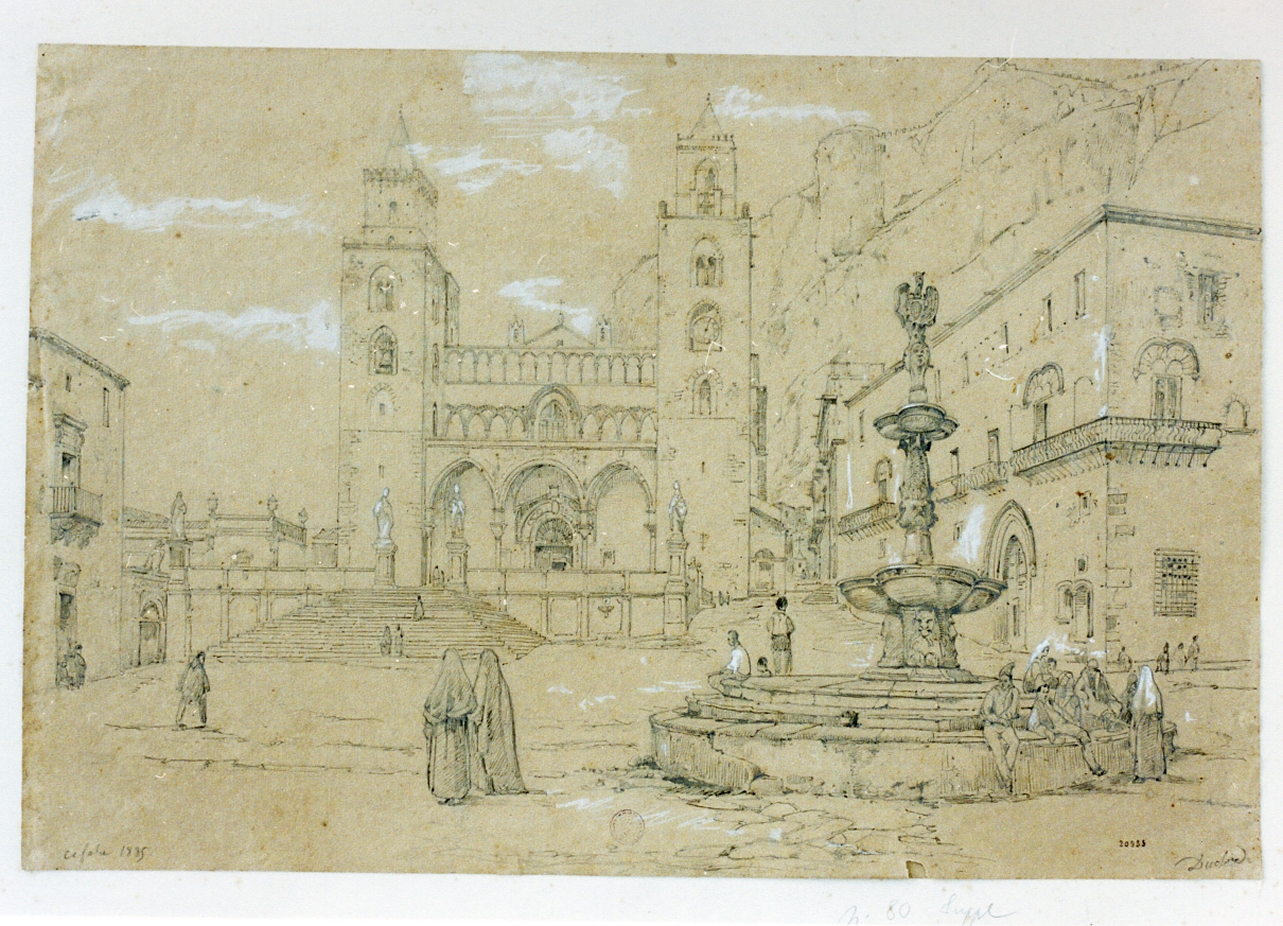 veduta di una piazza di Cefalù (disegno) di Duclère Teodoro (sec. XIX)
