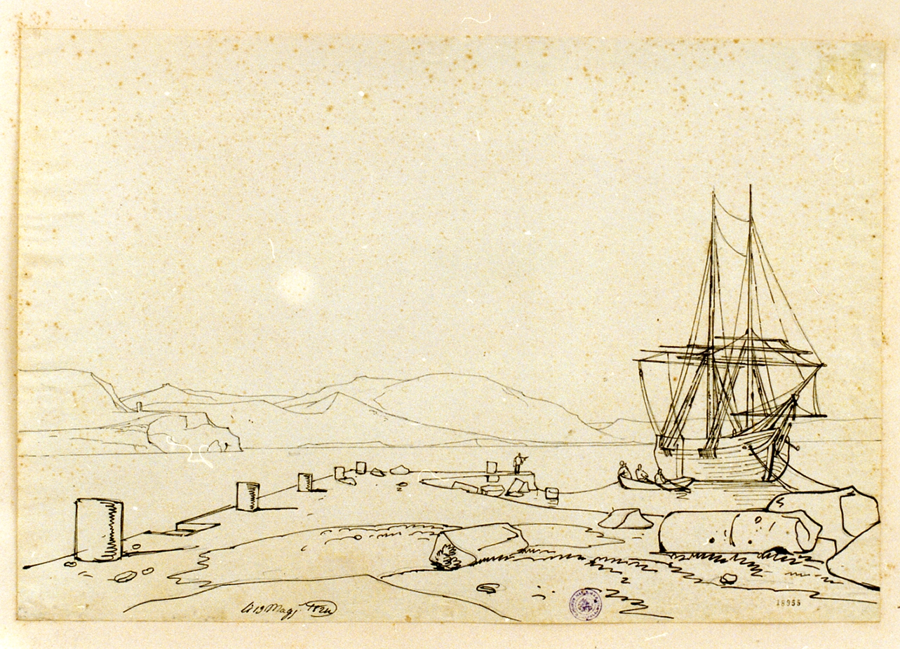 paesaggio marino con veliero (disegno) di Gigante Giacinto (sec. XIX)