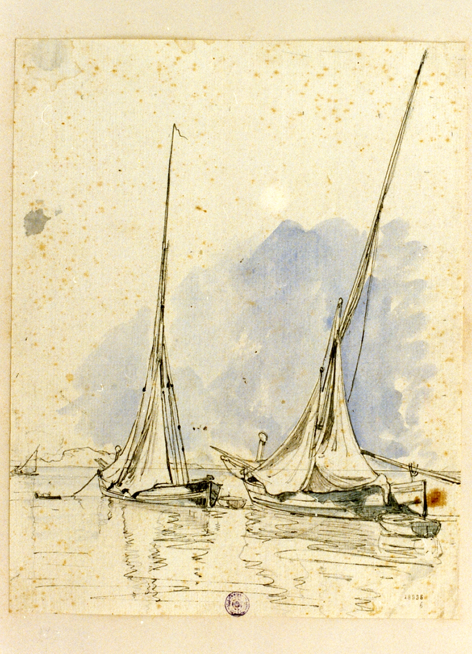 barche a vela al largo del golfo di Napoli (disegno) di Gigante Giacinto (sec. XIX)