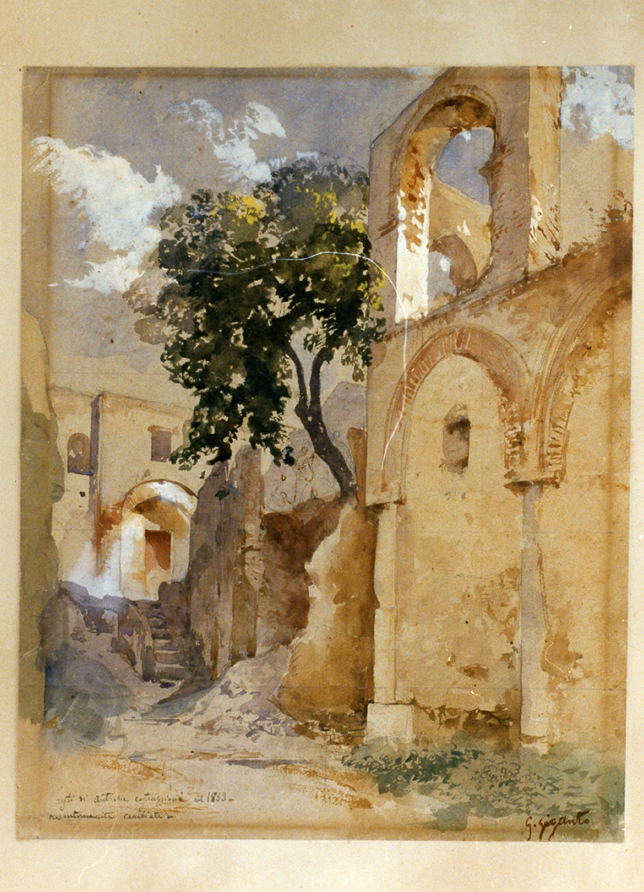 veduta di antiche costruzioni (disegno) di Gigante Giacinto (sec. XIX)