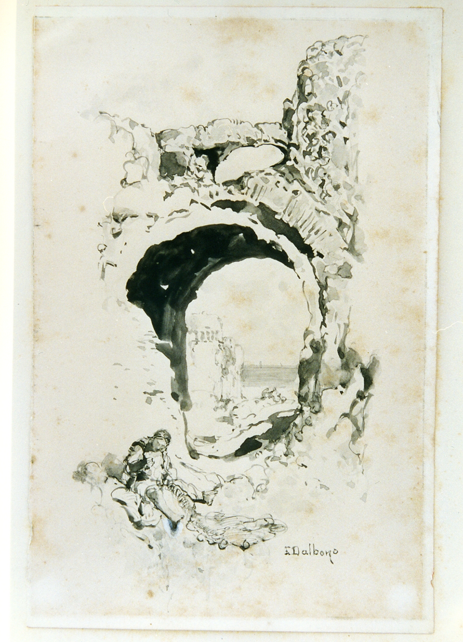 veduta di mare da un arco romano (disegno) di Dalbono Eduardo (sec. XIX)