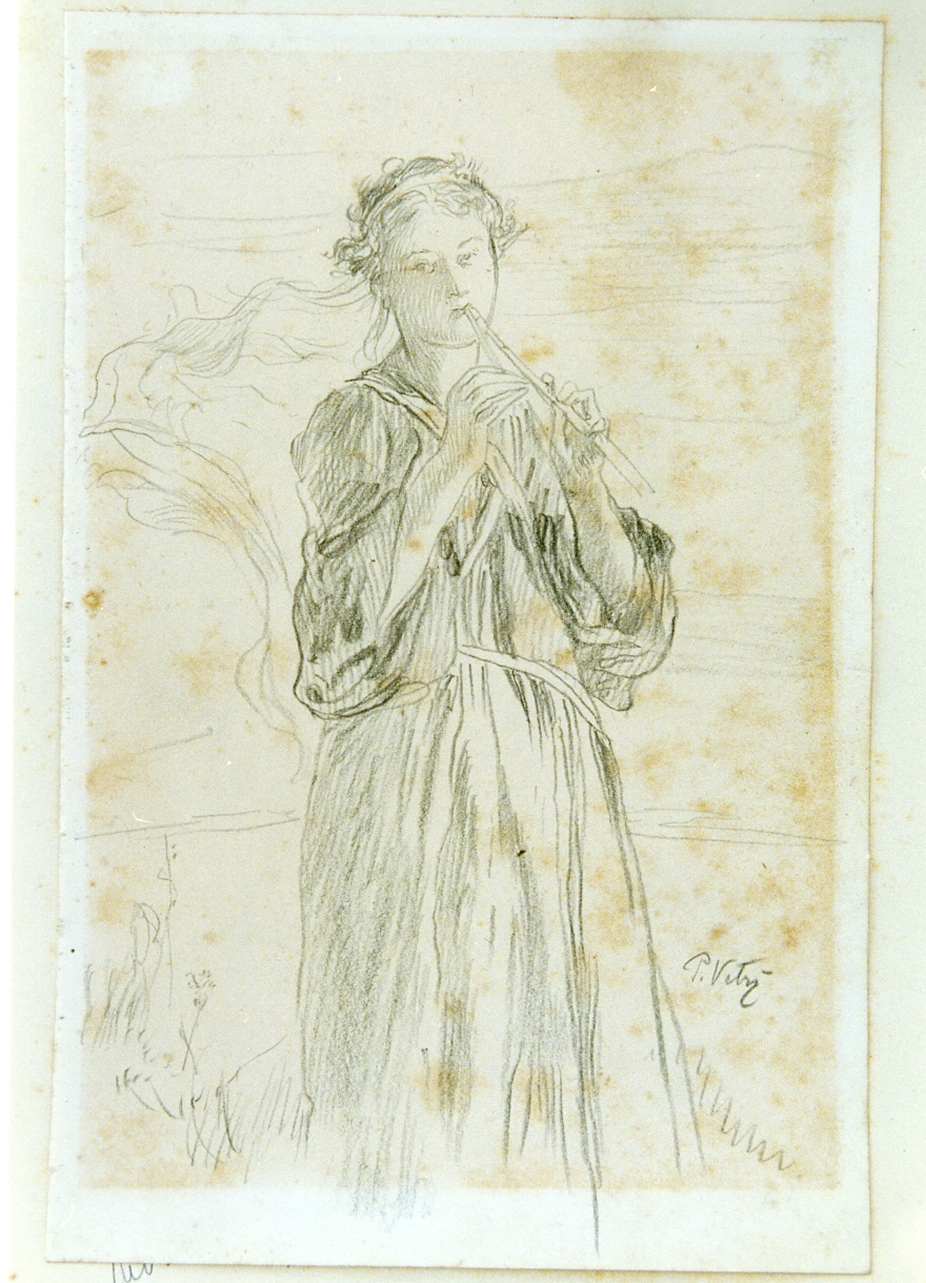 studio di figura femminile che suona il flauto dolce (disegno) di Vetri Paolo (secc. XIX/ XX)