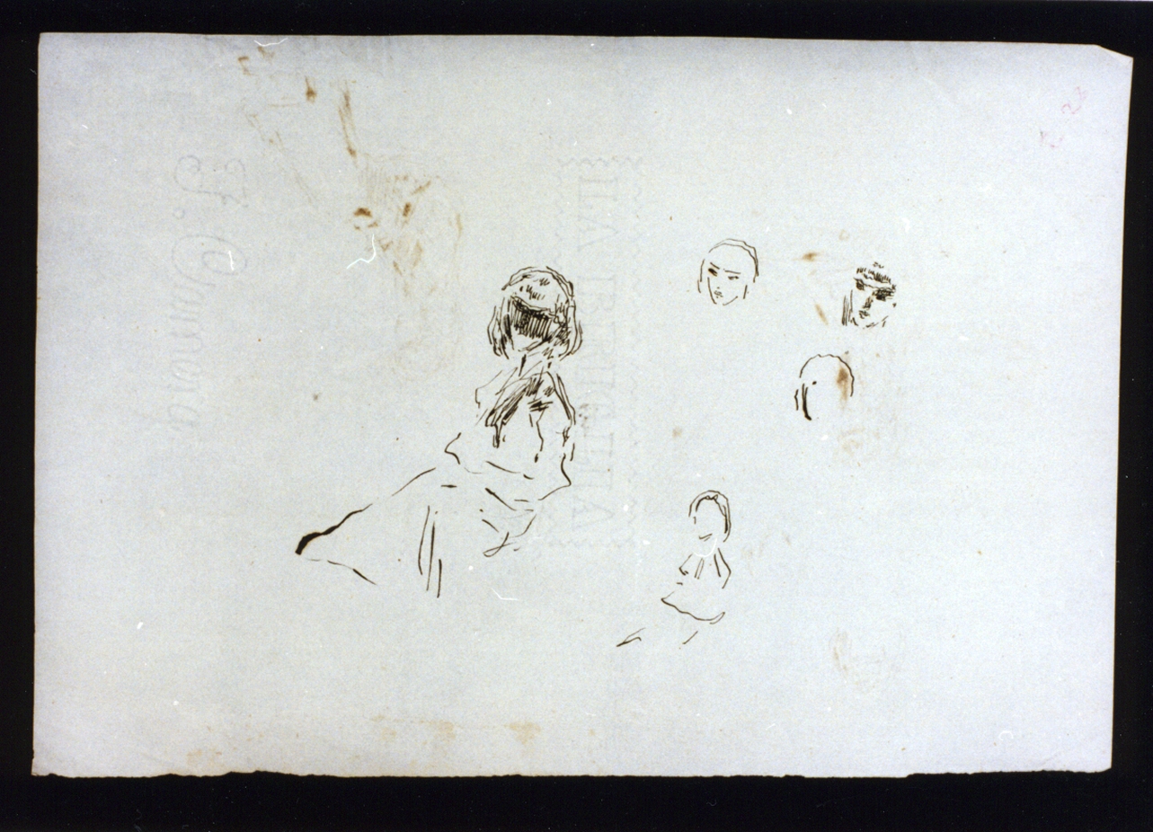 studio di figura femminile panneggiata assisa e di teste (disegno) di Vetri Paolo (fine/inizio secc. XIX/ XX)