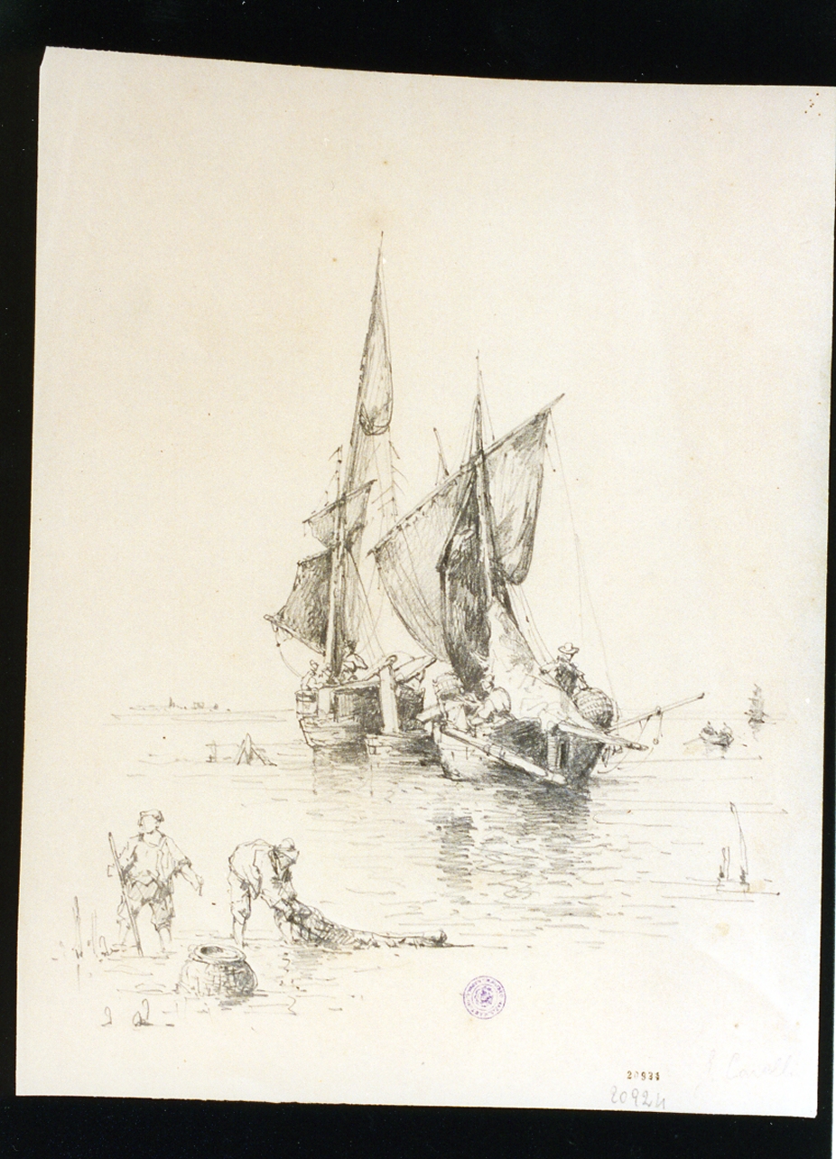 marina con pescatori e barche (disegno) di Carelli Consalvo (secondo quarto sec. XIX)