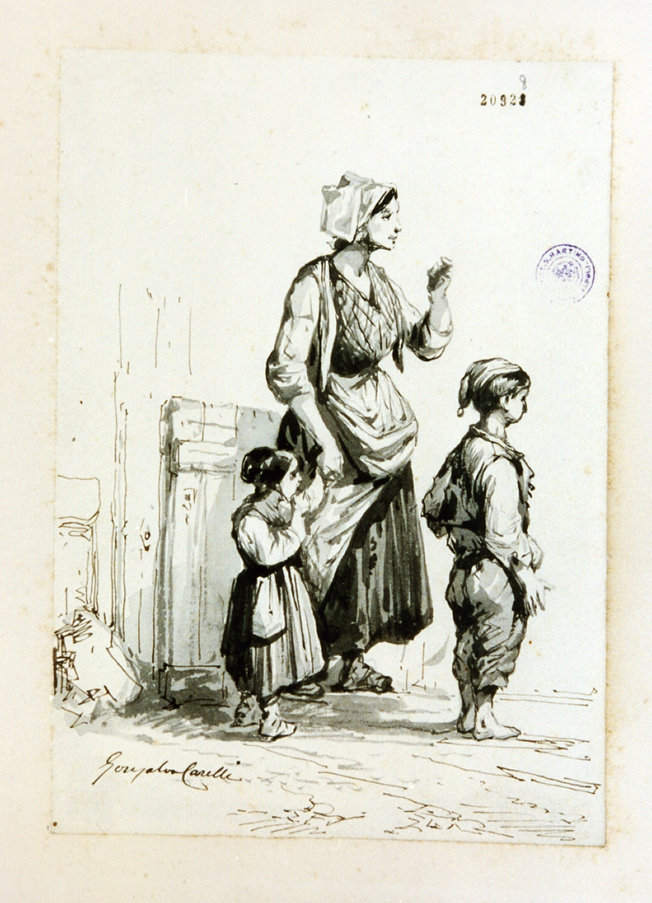 contadina con bambini (disegno) di Carelli Consalvo (secondo quarto sec. XIX)