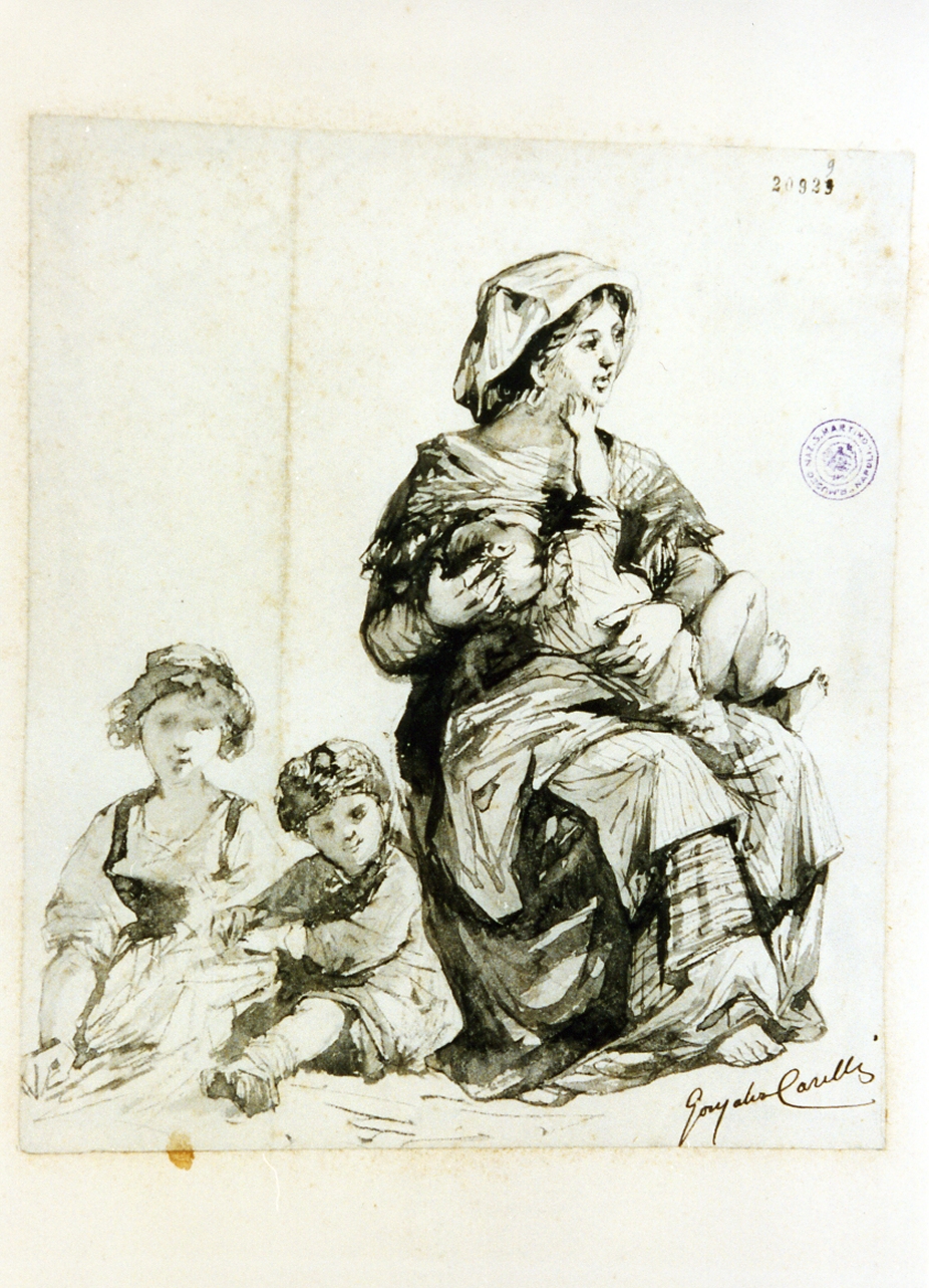 contadina con bambini (disegno) di Carelli Consalvo (secondo quarto sec. XIX)