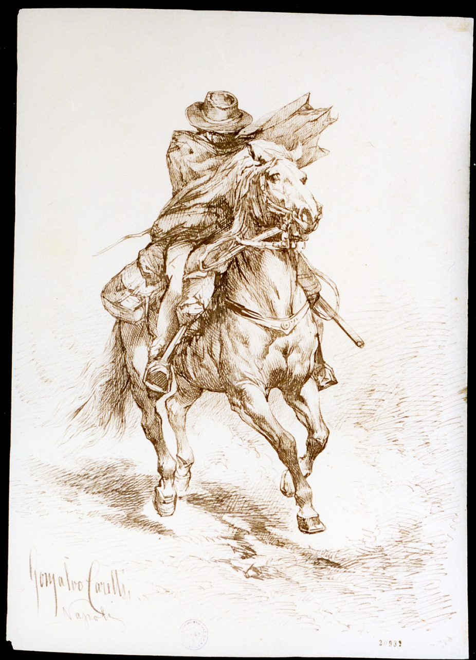 figura maschile a cavallo (disegno) di Carelli Consalvo (secondo quarto sec. XIX)