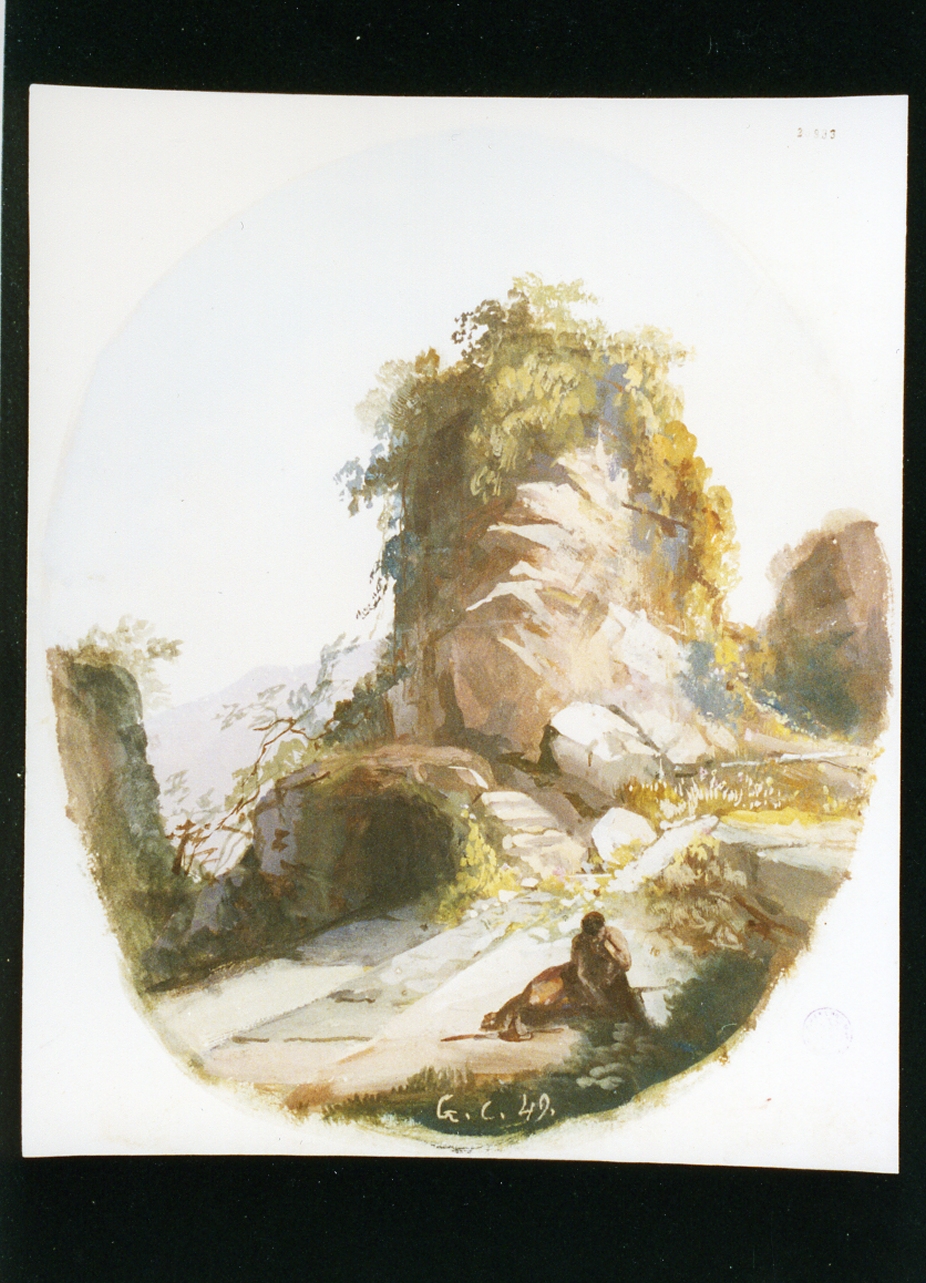 paesaggio roccioso con figura (disegno) di Carelli Consalvo (sec. XIX)