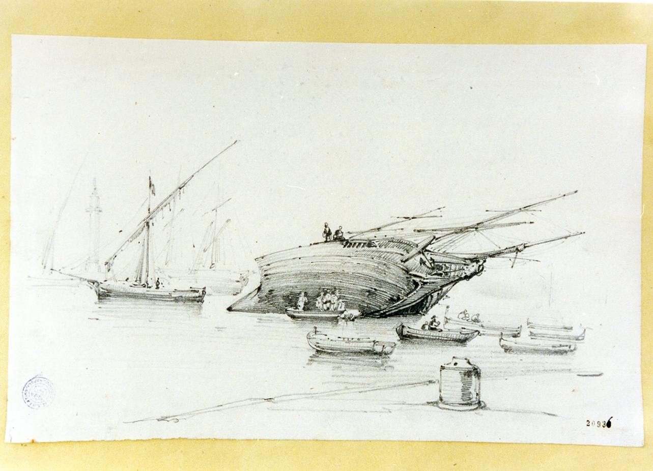 marina con pescatori e barche (disegno) di Carelli Raffaele (sec. XIX)