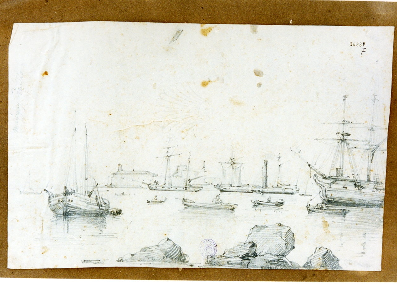 marina con pescatori e barche (disegno) di Carelli Raffaele (sec. XIX)
