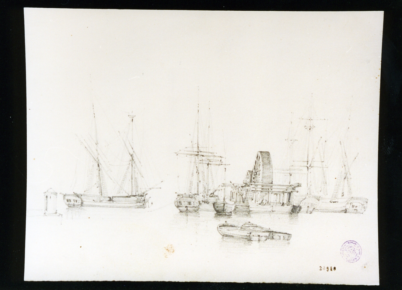 marina con barche (disegno) di Carelli Raffaele (sec. XIX)