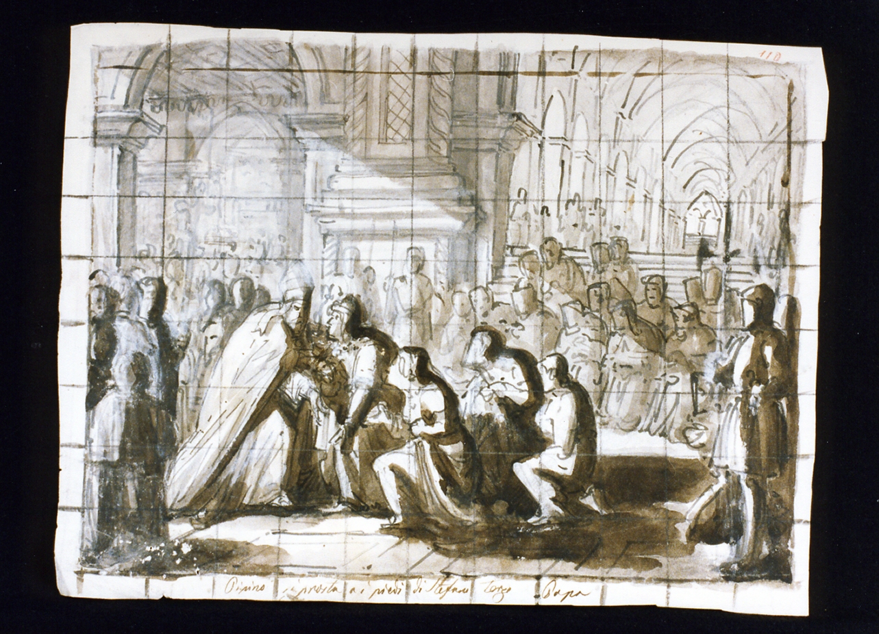 Pipino inginocchiato dinanzi al papa Stefano III (disegno) di De Vivo Tommaso (sec. XIX)