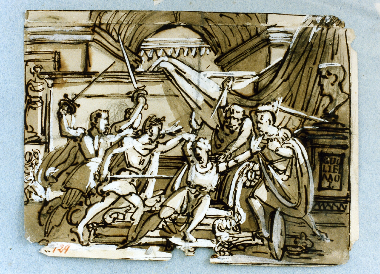 figura femminile assalita da uomini armati (disegno) di De Vivo Tommaso (sec. XIX)