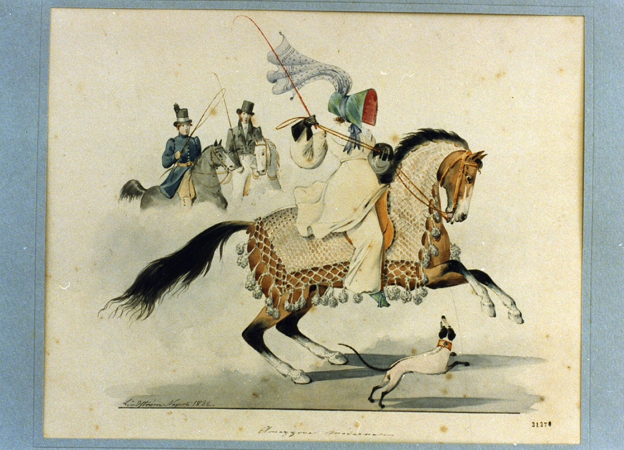 figura femminile a cavallo e cavalieri (disegno) di Lindstrom Arvid Maurits (sec. XIX)
