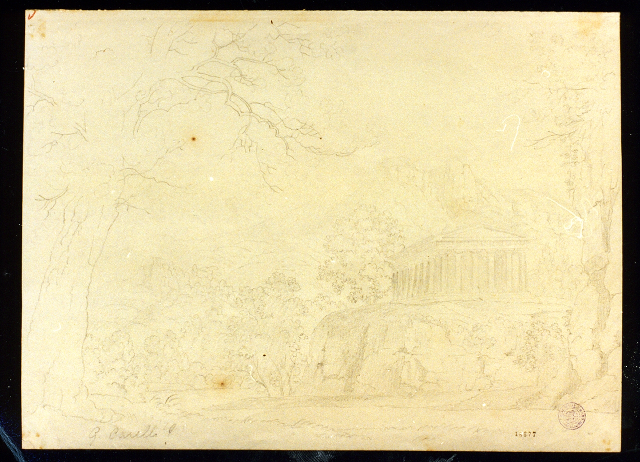 paesaggio con tempio greco (disegno) di Carelli Consalvo (sec. XIX)