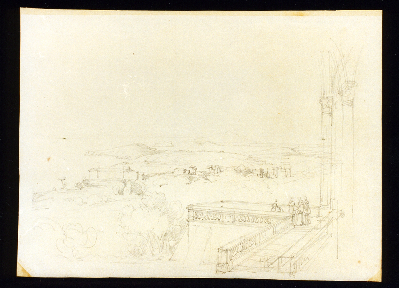 paesaggio con case (disegno) di Carelli Consalvo (sec. XIX)