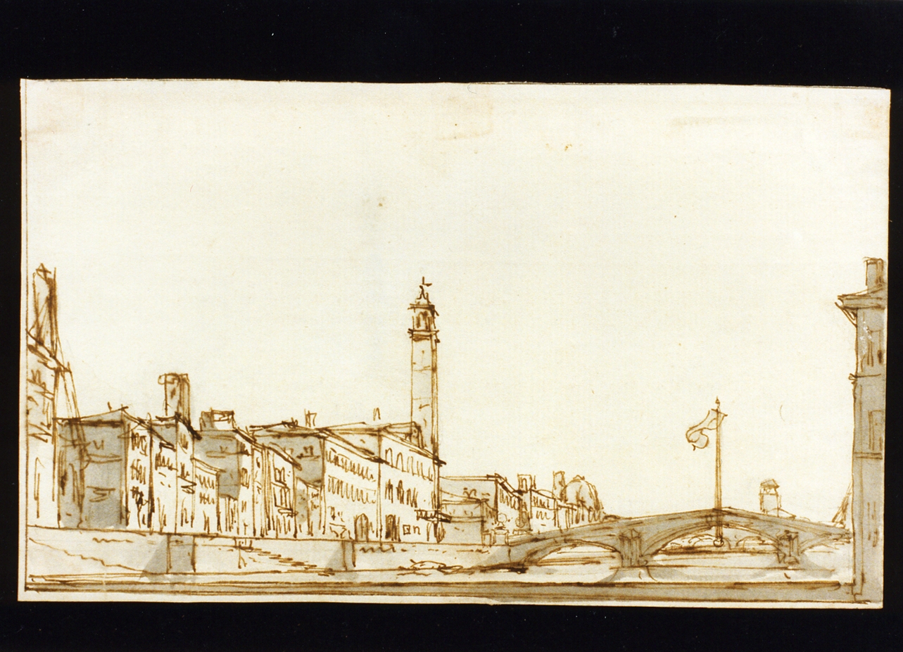 bozzetto di scenografia con veduta di città fluviale (disegno) di Niccolini Antonio (scuola) (sec. XIX)