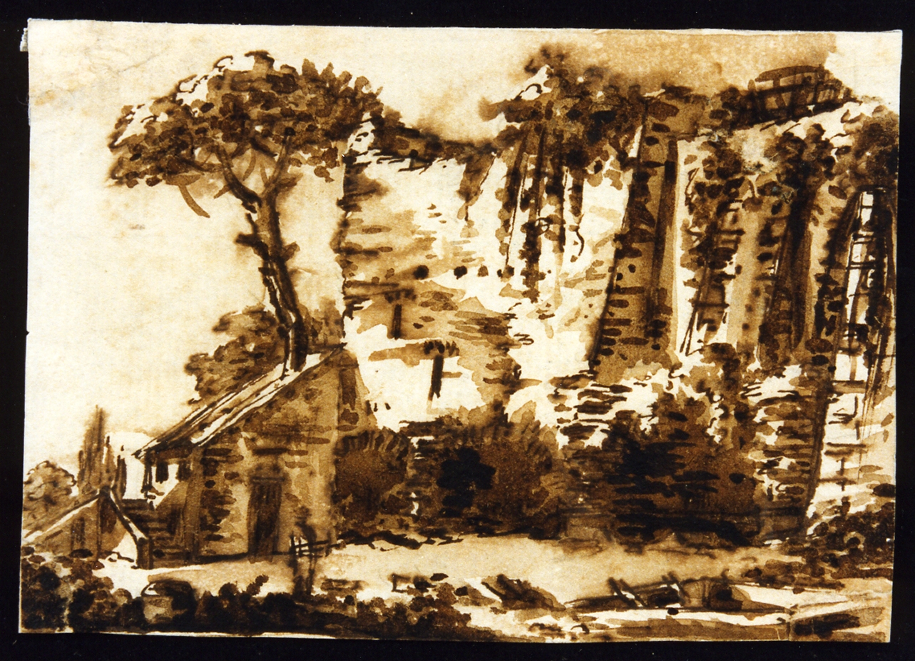 bozzetto di scenografia con casa e alberi (disegno) di Niccolini Antonio (scuola) (sec. XIX)